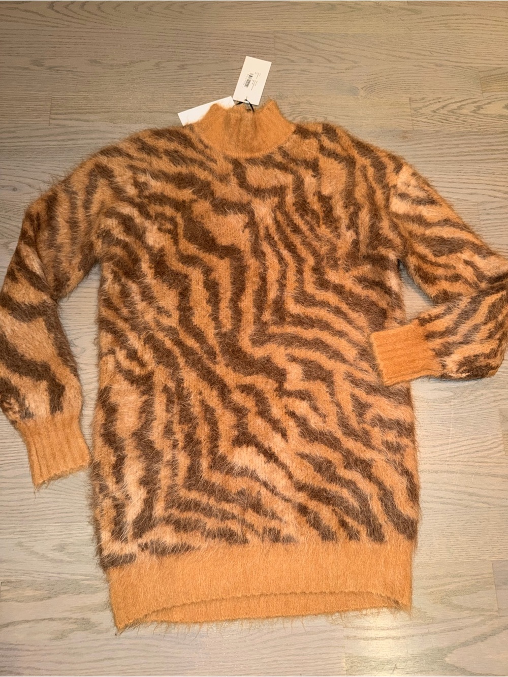 Retrofete Orange and Brown Fuzzy Tiger-Print Turtleneck Sweater